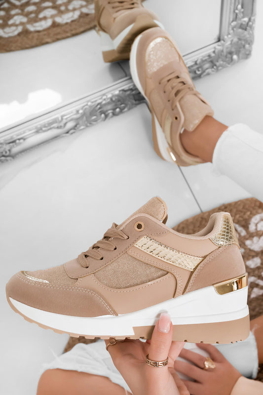 DREAMS - Light brown and golden sneakers with wedge