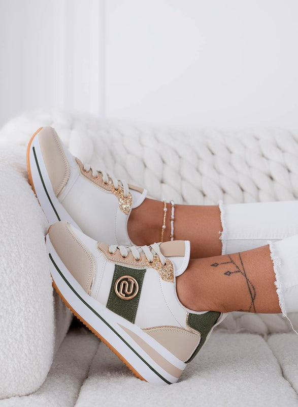 LOPEZ - Beige sneakers with green contrasting panels and gold glitter