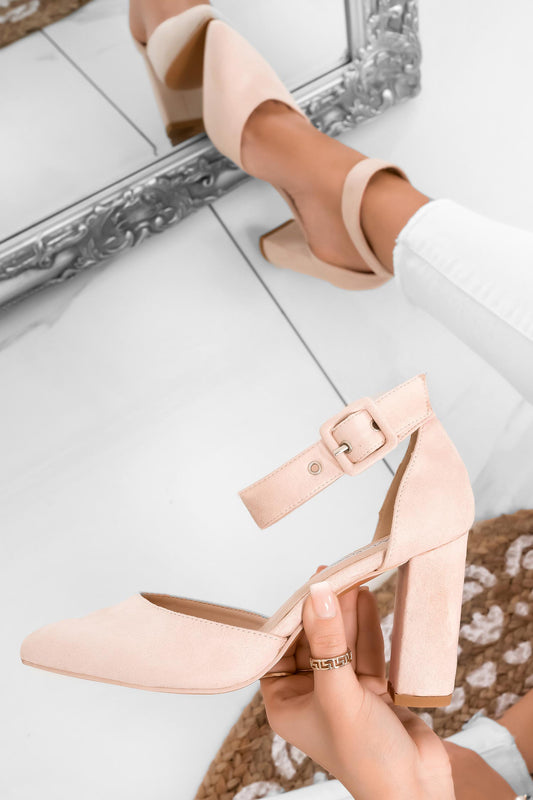 VALENTINA - Beige suede pumps with block heel and buckle closure