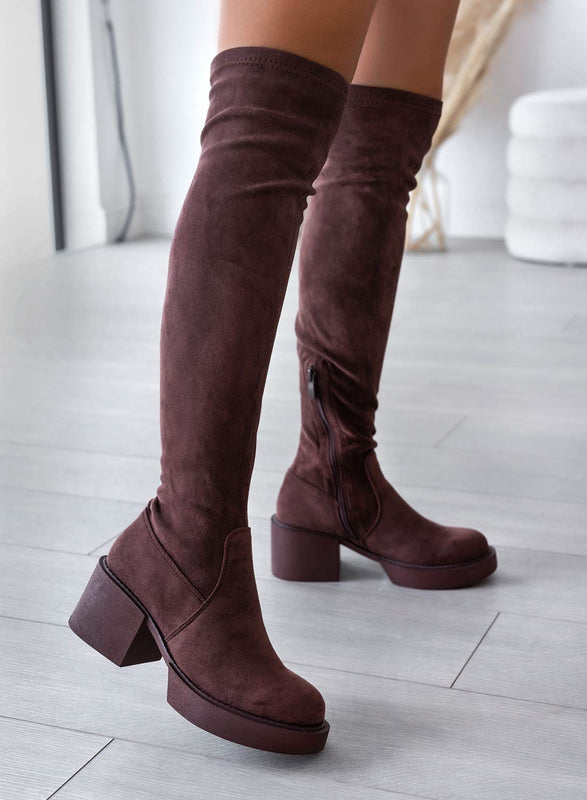 SLOANE - Alexoo Brown Suede Thigh High Boots