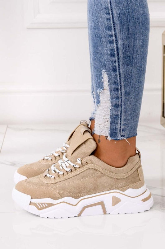 ROBIN - Beige suede sneakers with chunky sole and laces