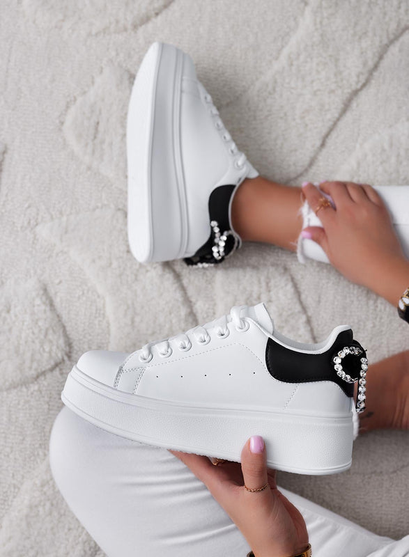 MILE - White sneakers with thick sole and rhinestone bow and black back