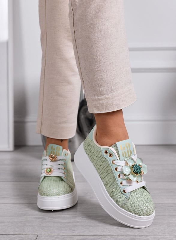 DOROTY - Mint Green Sneakers with Jewel Flower Appliqués and Platform Sole