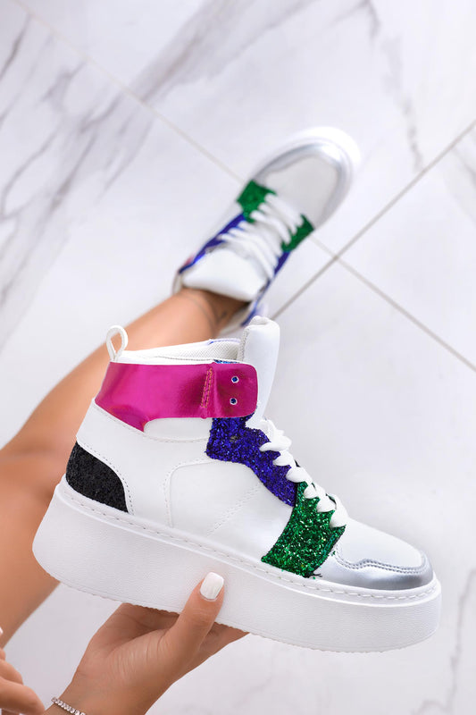 ROSINA - White sneakers with multicolor glitter inserts