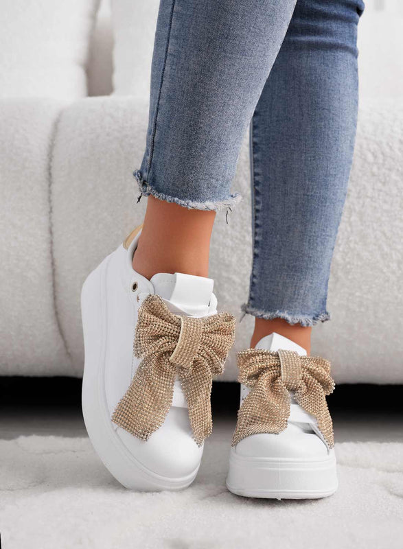 BELGA - White sneakers with gold rhinestone bow