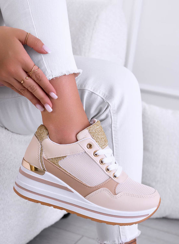 THEA - Beige sneakers with wedge and gold trim