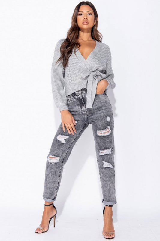 Grey wrap jumper with string