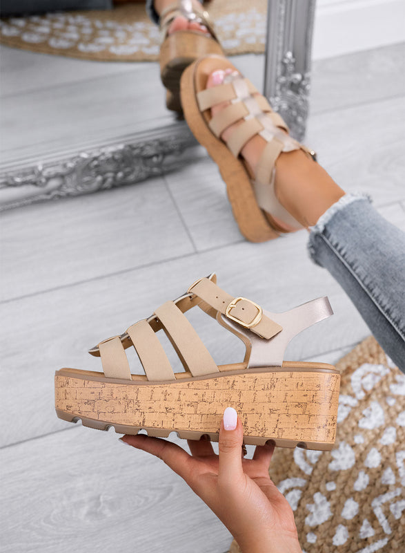 MATILDE – Beige wedge platform sandals with cork-effect sole