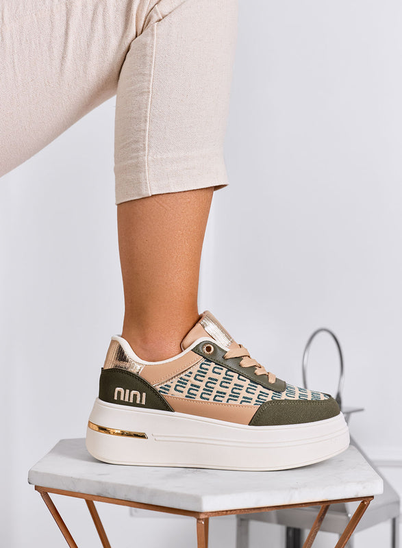 CAMILLA - Green platform sneakers with beige fabric inserts