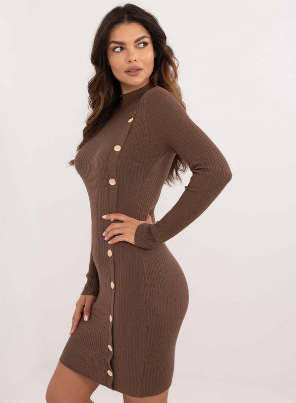 Brown ribbed dress with gold buttons