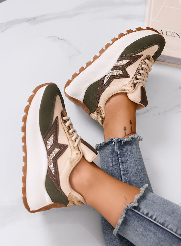 CLARISSA - Beige and green sneakers with glitter detail and chunky sole