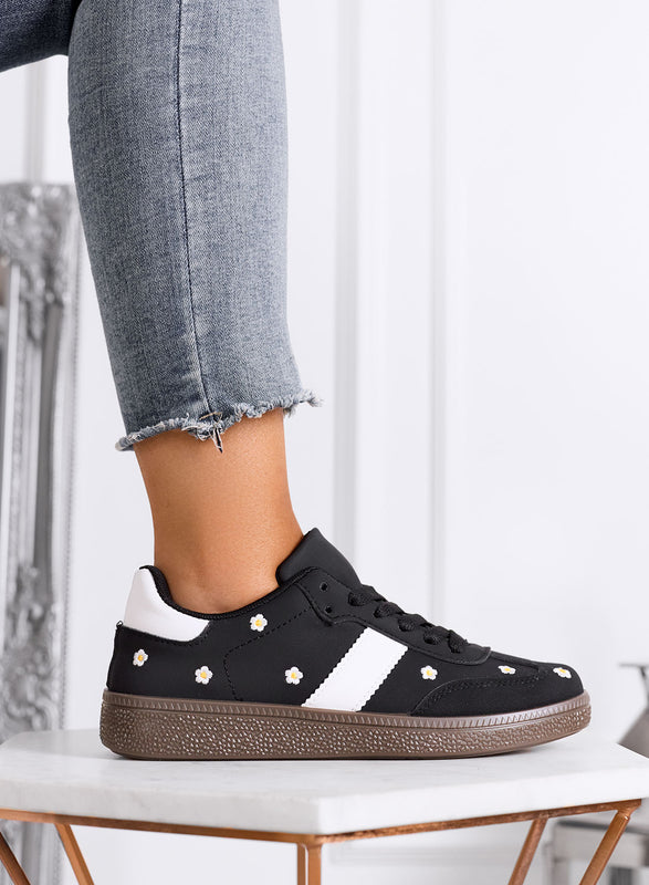 WESTON - Black sneakers with embroidered daisies and brown sole