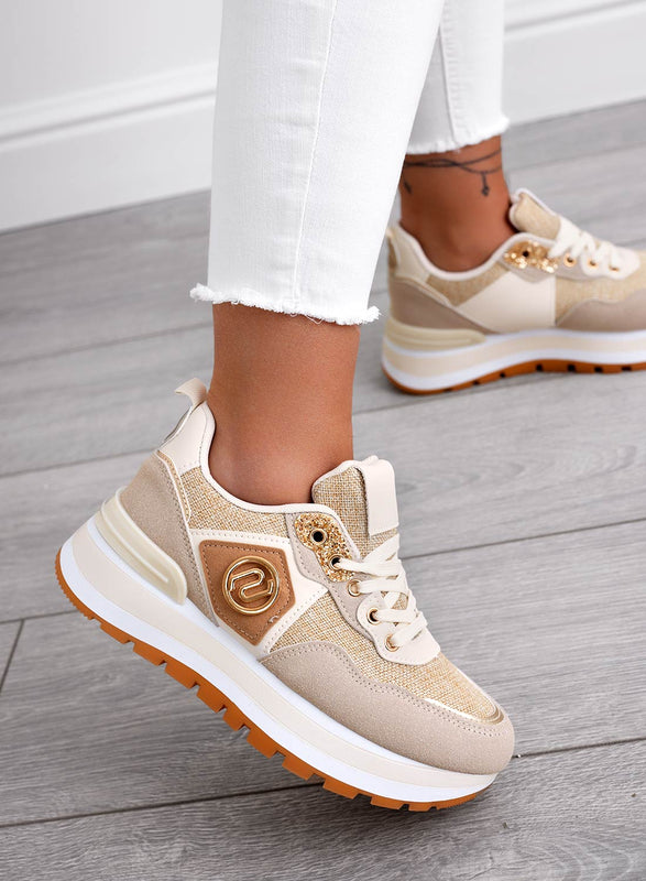 ERSILIA - Beige fabric sneakers with gold inserts