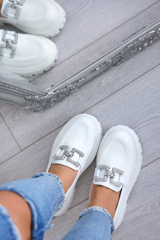 ASHER - White loafers with jeweled buckle