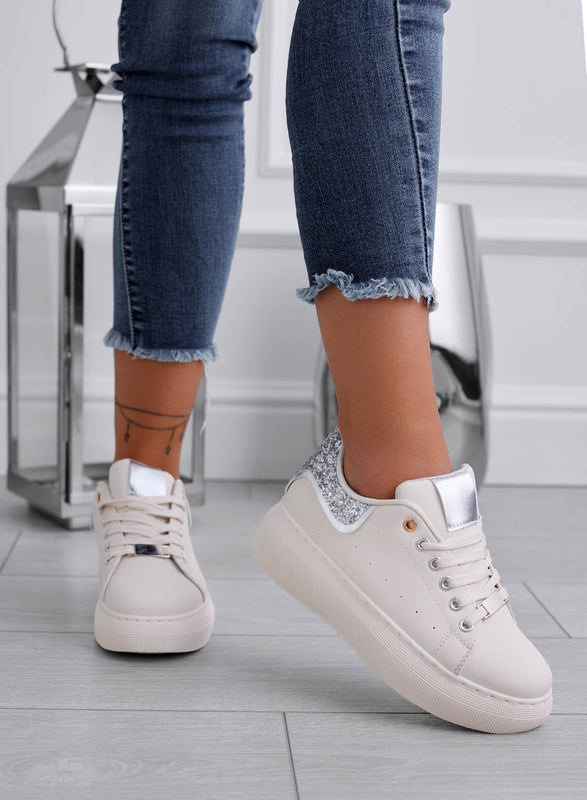 ZORA - Baskets beiges avec talon pailleté argenté