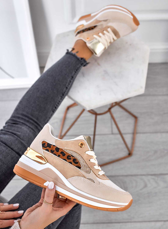 Beige sneakers with glitter and animal print inserts