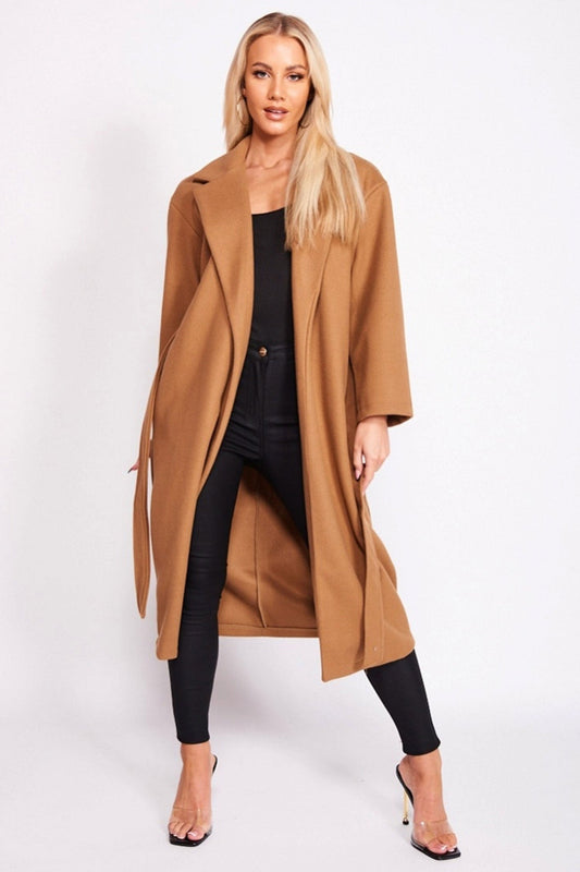 Long camel coat with waist drawstring