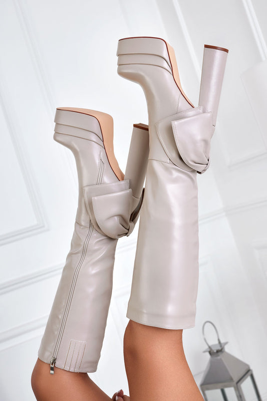 MARISOL - Alexoo beige platform boots with bow and high heel