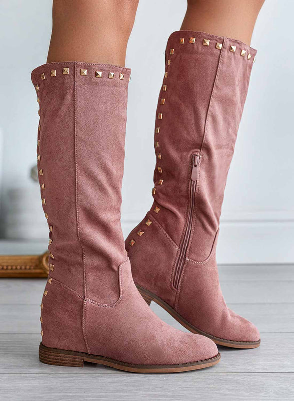 JANINE - Pink suede Alexoo boots with internal wedge and studs