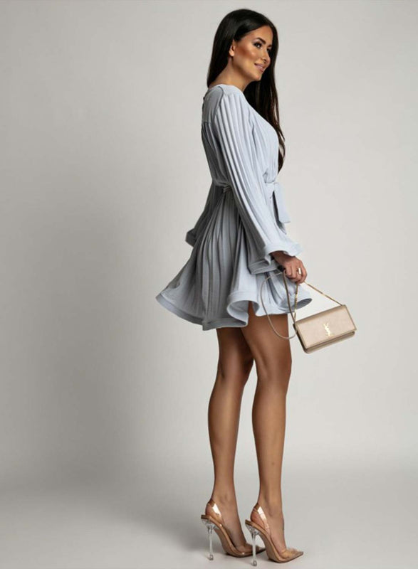 Grey pleated dress with a waist tie