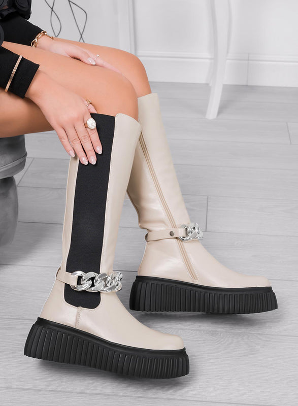 Beige Alexoo boots with elastic and removable chain