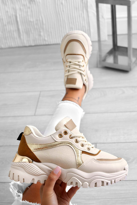 MELANIA - Beige sneakers with high sole and contrasting panels