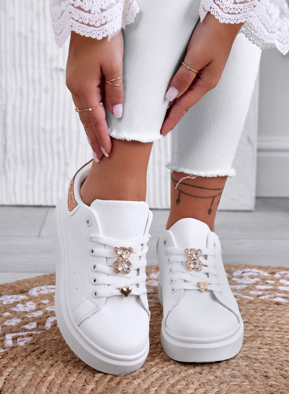 LAURA - White sneakers with jewel application and rose gold rhinestone back