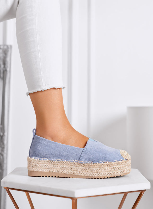 MAGDA - Blue platform espadrilles with crochet toe and rope sole