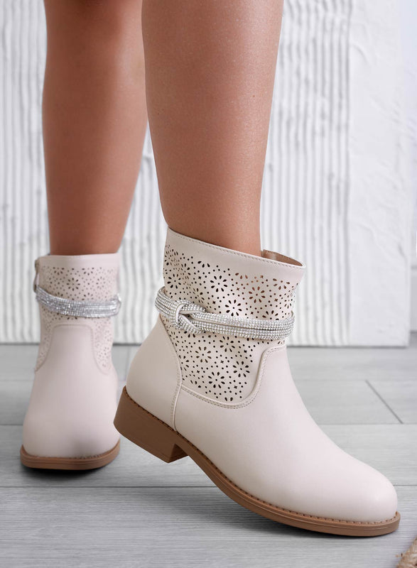 KATE - Beige perforated ankle boots with jewel band