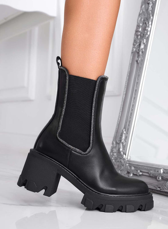 ATHENA - Alexoo black ankle boots with elastic and rhinestones