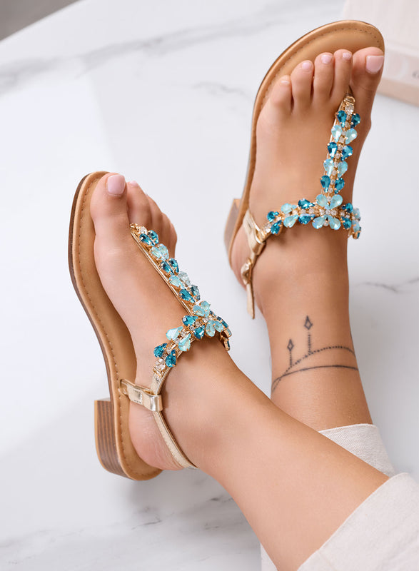 DAFNE - Gold Jewel Thong Sandals with Blue Rhinestones