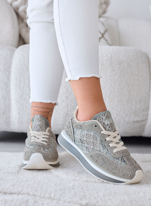 LORENA - Green Sneakers with Lace and Shiny Rhinestones
