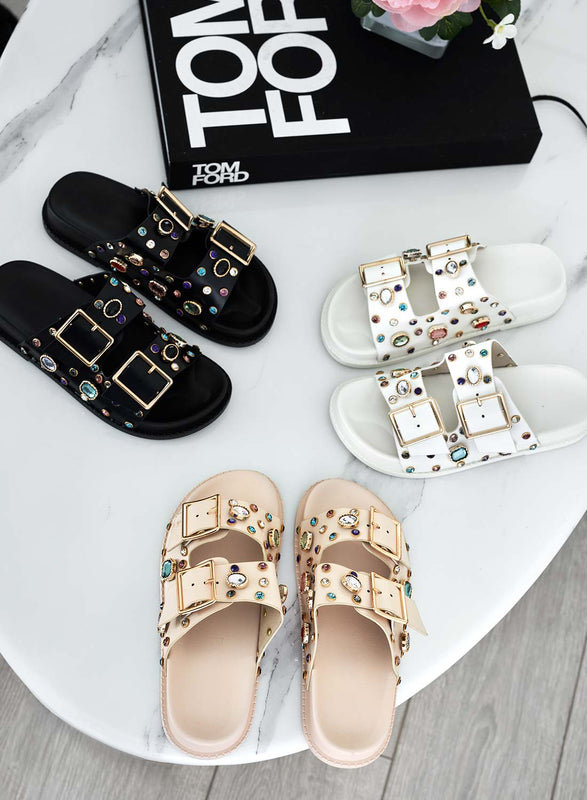 VIXIE - White slipper sandals with stones