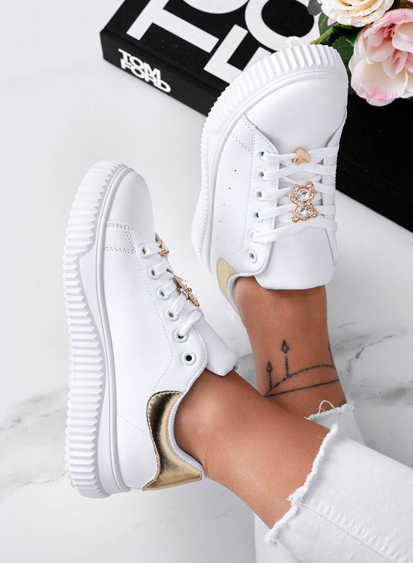 BEVERLY - White sneakers with jeweled bear and gold back