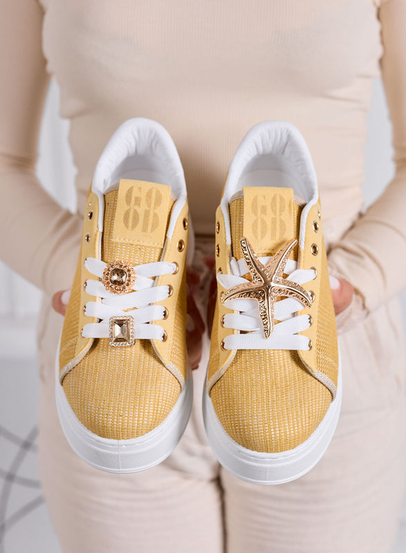 LINDA - Yellow sneakers with gold jewel embellishments and platform sole