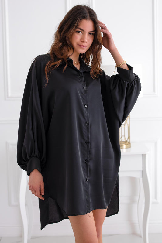 Black satin maxi shirt dress