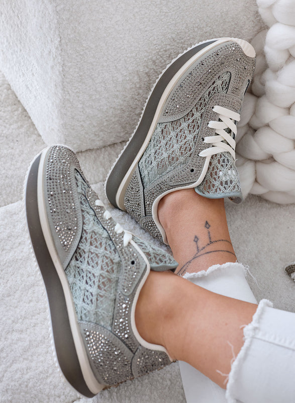 LORENA - Green Sneakers with Lace and Shiny Rhinestones
