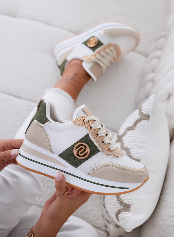 LOPEZ - Beige sneakers with green contrasting panels and gold glitter