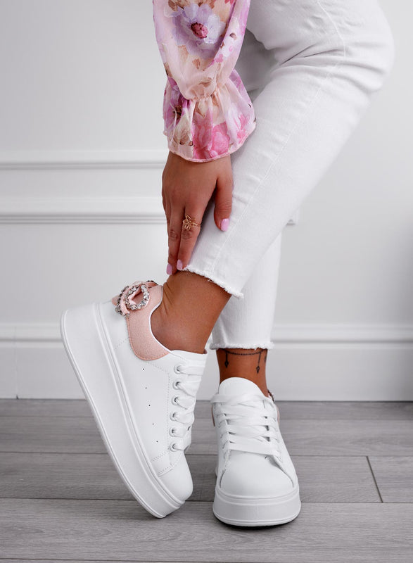 MILE - White sneakers with thick sole and rhinestone bow and pink back