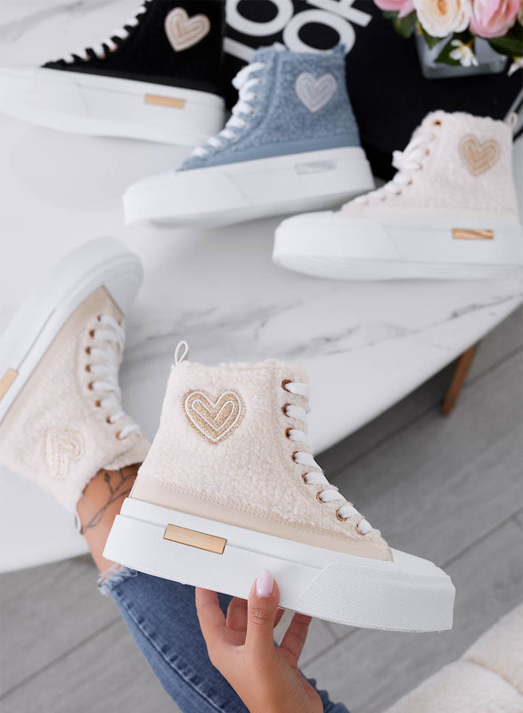 Beige high-top sneakers in faux fur with gold heart