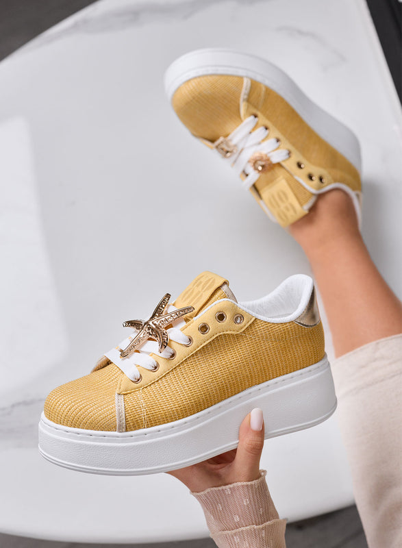 LINDA - Yellow sneakers with gold jewel embellishments and platform sole