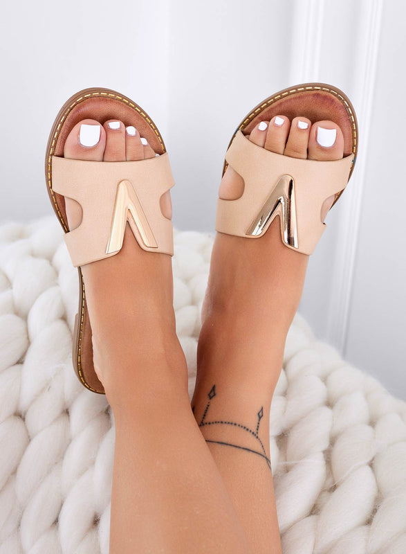 MYER - Beige slipper sandals with gold V application