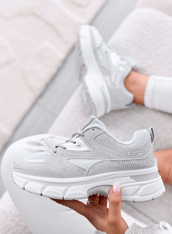 MARTINA - Gray Sneakers with Rhinestones and Chunky Platform Sole