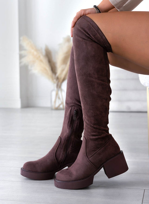 SLOANE - Alexoo Brown Suede Thigh High Boots