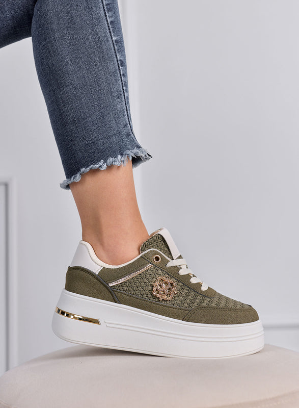 CLARA - Green Platform Sneakers with Woven Inserts and Gold Details