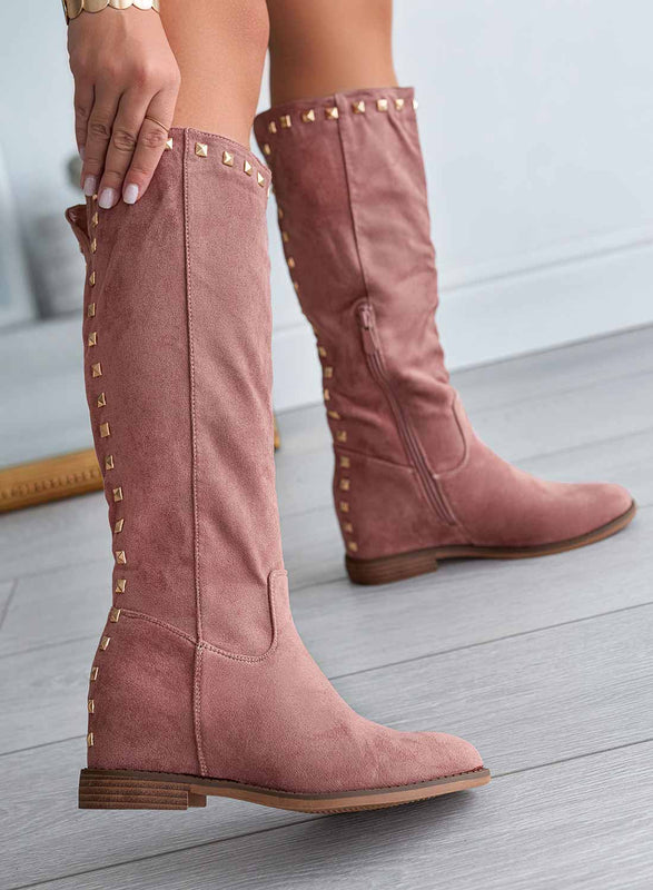 JANINE - Pink suede Alexoo boots with internal wedge and studs