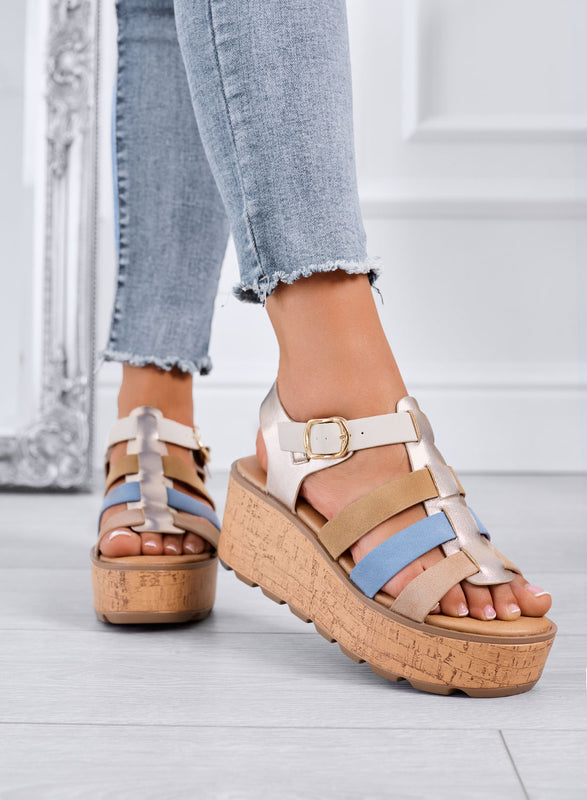 MATILDE - Multicolor sandals with cork-effect platform wedge