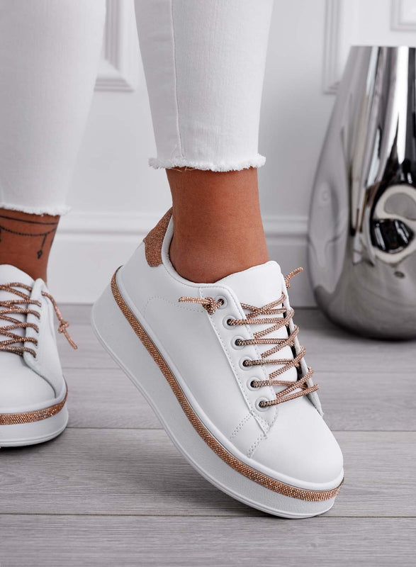 FRANKIE - White sneakers with rose gold jewel laces