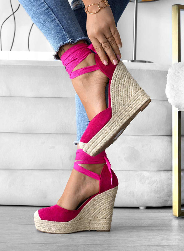AMBRA - Fuchsia espadrilles with rope wedge and lace