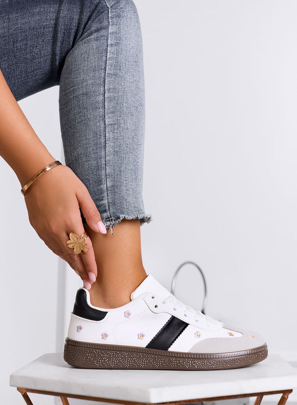 WESTON - White sneakers with embroidered daisies and brown sole
